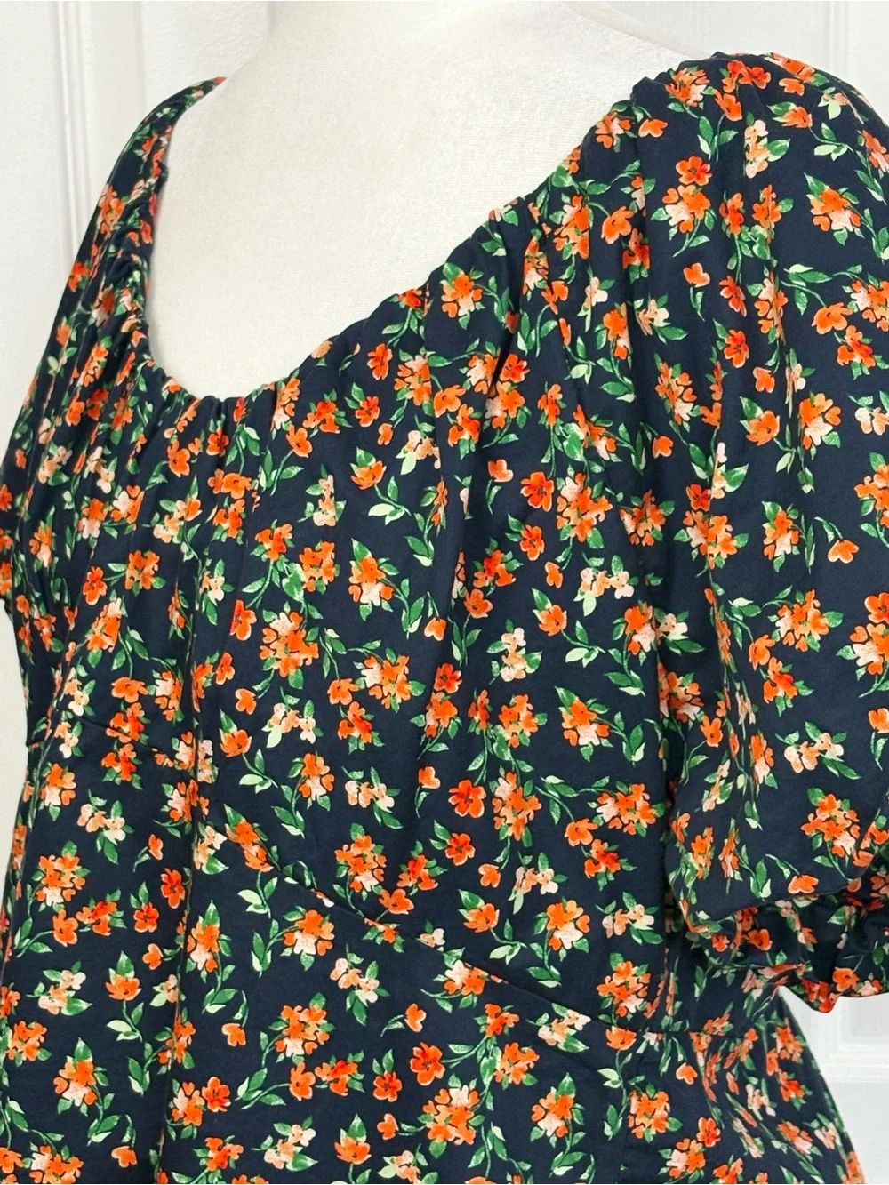 Old Navy Navy Blue & Orange Floral Print Puff Sleeve Smocked Trapeze Top XL